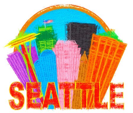 simsearch:400-07104696,k - Seattle Washington Abstract Downtown City Skyline in Circle Isolated on White Background Impressionist Illustration Foto de stock - Super Valor sin royalties y Suscripción, Código: 400-08094361