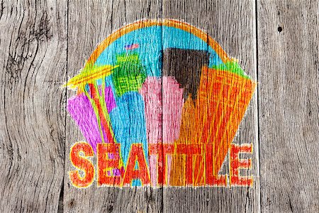 simsearch:400-06093657,k - Seattle Washington Abstract Downtown City Skyline in Circle Isolated on White Background Impressionist Wood Background Illustration Stock Photo - Budget Royalty-Free & Subscription, Code: 400-08094362