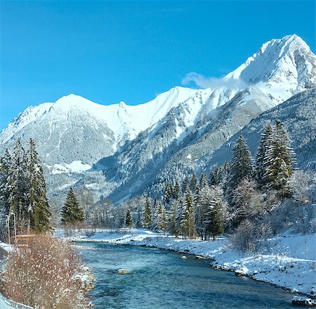 Winter country landscape with mountains and river (Austria, Tirol, Haselgehr village) Stock Photo - Budget Royalty-Free & Subscription, Code: 400-08094404