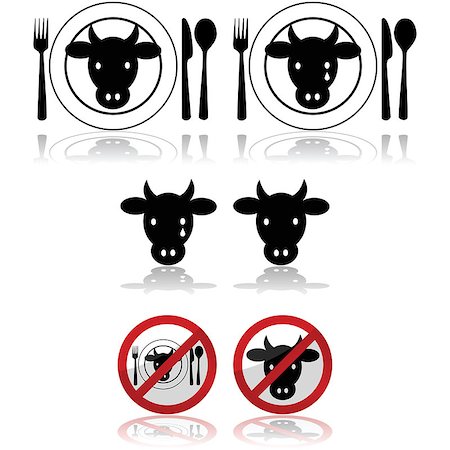 Icon set showing a cattle head combined with a plate and signs to represent beef Foto de stock - Super Valor sin royalties y Suscripción, Código: 400-08094500