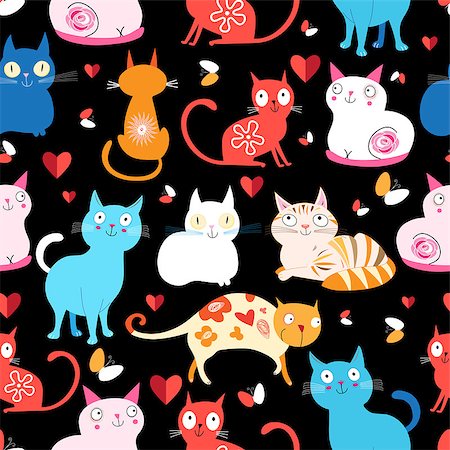 Bright seamless pattern of colored cats on a black background Stock Photo - Budget Royalty-Free & Subscription, Code: 400-08094825