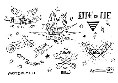 people on bike illustration - Traditional tattoo biker set of design elements Stock Photo - Budget Royalty-Free & Subscription, Code: 400-08094864