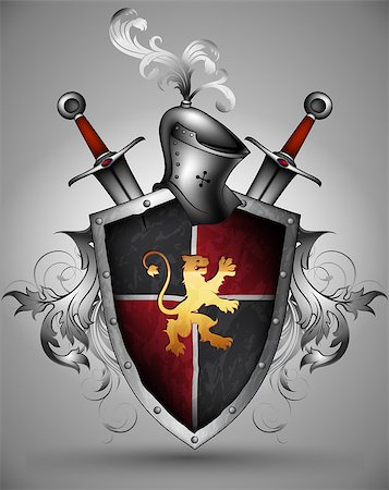 simsearch:640-02948137,k - ornamented black shield with a lion, a helmet and two swords Photographie de stock - Aubaine LD & Abonnement, Code: 400-08094934