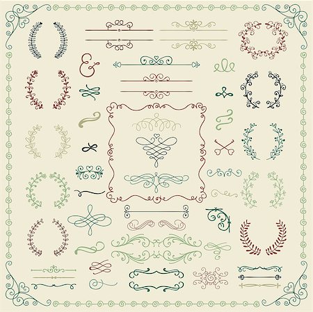 simsearch:400-08095648,k - Colorful Vintage Hand Sketched Doodle Design Elements. Decorative Branches, Borders, Frames, Laurels, Dividers. Vector Illustration. Photographie de stock - Aubaine LD & Abonnement, Code: 400-08095647