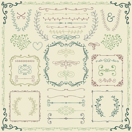 simsearch:400-08095648,k - Colorful Vintage Hand Sketched Doodle Design Elements. Decorative Branches, Borders, Frames, Laurels, Dividers. Vector Illustration. Photographie de stock - Aubaine LD & Abonnement, Code: 400-08095648