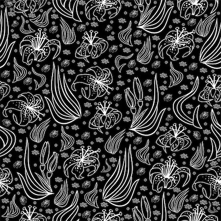 simsearch:400-07558492,k - Illustration of seamless pattern from lilies and leaves in black and white colors isolated Stock Photo - Budget Royalty-Free & Subscription, Code: 400-08095728