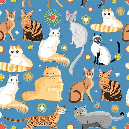 ear in the sun - Seamless graphic pattern of different breeds of cats on a blue background Stock Photo - Budget Royalty-Free & Subscription, Code: 400-08095855