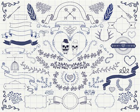 simsearch:400-08755813,k - Set of Vintage Hand Drawn Doodle Floral Design Elements. Decorative Ribbons, Frames, Wreaths, Branches. Valentines Day. Wedding. Vector Illustration. Pen Drawing Stock Photo - Budget Royalty-Free & Subscription, Code: 400-08096066