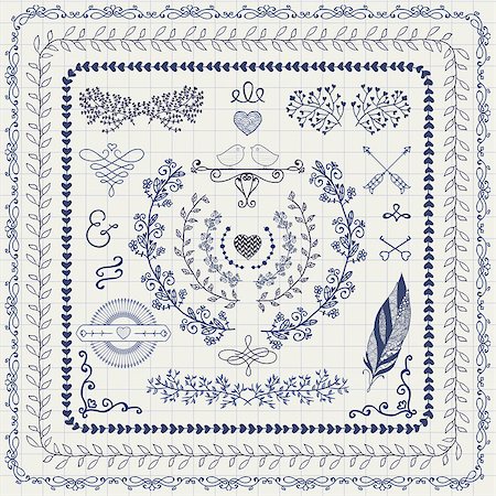 simsearch:400-08755813,k - Set of Vintage Hand Drawn Doodle Floral Decorative Frames, Borders, Wreaths, Laurels, Branches. Design Elements. Pen Drawing Vector Illustration. Stock Photo - Budget Royalty-Free & Subscription, Code: 400-08096068