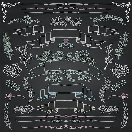 ribbon for christmas cartoon - Hand Drawn Doodle Design Elements. Decorative Floral Banners, Dividers, Branches, Ribbons. Chalk Drawing. Chalkboard Texture. Vintage Vector Illustration. Stock Photo - Budget Royalty-Free & Subscription, Code: 400-08096071