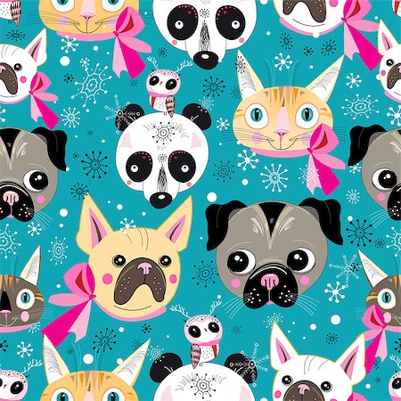 Graphic pattern of animals portraits against a bright background with snowflakes Stock Photo - Budget Royalty-Free & Subscription, Code: 400-08096168