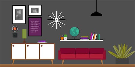 simsearch:400-08095797,k - living room home interior in flat vector illustration vintage retro Foto de stock - Super Valor sin royalties y Suscripción, Código: 400-08096209