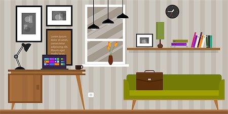 stylish workspace with computer - home interior work space table and sofa in vector illustration Stock Photo - Budget Royalty-Free & Subscription, Code: 400-08096216