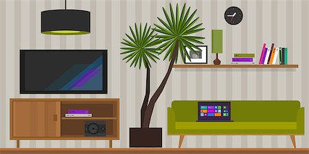 simsearch:400-08095797,k - living room home interior in flat vector illustration vintage retro Foto de stock - Super Valor sin royalties y Suscripción, Código: 400-08096210