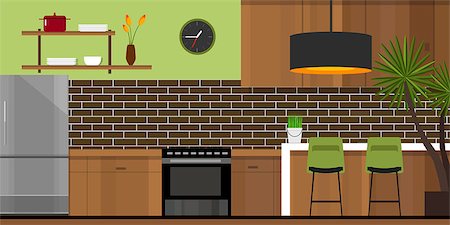 kitchen interior with wood interior in vector illustration Stock Photo - Budget Royalty-Free & Subscription, Code: 400-08096211