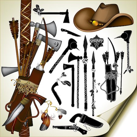 power ax - a large set of ancient weapons of American Indians and sheriffs Stock Photo - Budget Royalty-Free & Subscription, Code: 400-08096231