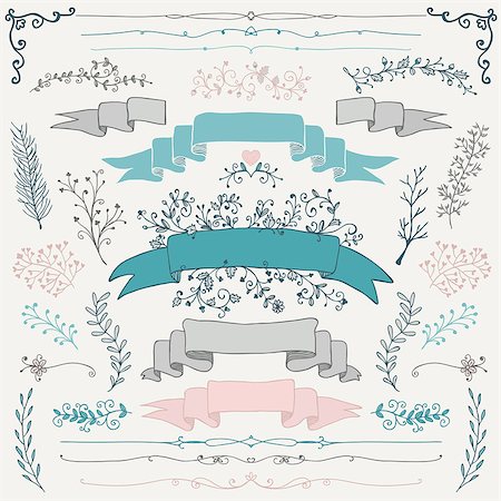 simsearch:400-08755813,k - Set of Colorful Hand Drawn Doodle Design Elements. Decorative Floral Banners, Dividers, Branches, Ribbons. Vintage Vector Illustration. Stock Photo - Budget Royalty-Free & Subscription, Code: 400-08096569