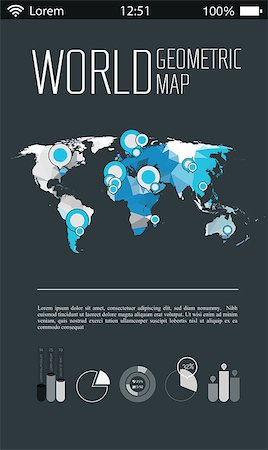 simsearch:400-08750925,k - 3d vector polygonal world map and infographics elements on dark gray blurred background Stock Photo - Budget Royalty-Free & Subscription, Code: 400-08096774