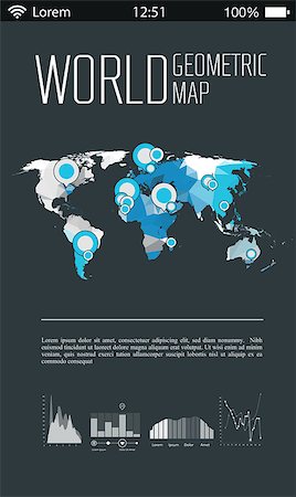 simsearch:400-08750925,k - 3d vector polygonal world map and infographics elements on dark gray blurred background Stock Photo - Budget Royalty-Free & Subscription, Code: 400-08096775