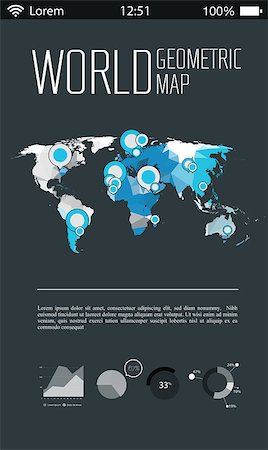 simsearch:400-08750925,k - 3d vector polygonal world map and infographics elements on dark gray blurred background Stock Photo - Budget Royalty-Free & Subscription, Code: 400-08096773