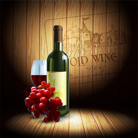 bottle of red wine and a branch of grapes on the background of wooden wine barrel Fotografie stock - Microstock e Abbonamento, Codice: 400-08096843