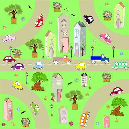 green city seamless city road car art illustration Photographie de stock - Aubaine LD & Abonnement, Code: 400-08097013