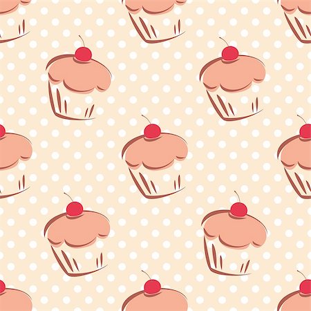 simsearch:400-08097094,k - Seamless vector pattern or tile texture with cherry cupcakes and white polka dots on pink background. Hand drawn muffins and sweet cake dessert background for desktop wallpaper, culinary blog website. Stock Photo - Budget Royalty-Free & Subscription, Code: 400-08097187