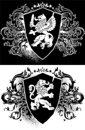 Two heraldic shield with a griffin and a lion, decorated with vignettes Fotografie stock - Microstock e Abbonamento, Codice: 400-08097603