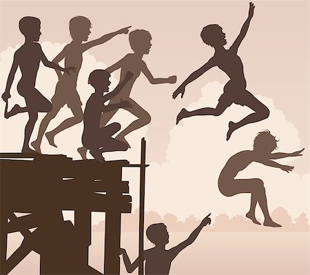 running child cut out - EPS8 editable vector cutout illustration of children jumping off a wooden jetty Stock Photo - Budget Royalty-Free & Subscription, Code: 400-08097654