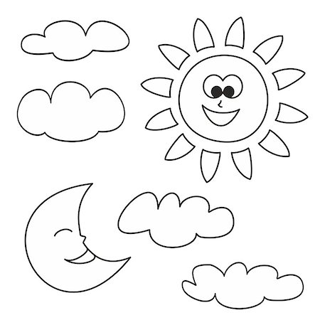 Sun, moon and clouds - weather cartoon icons vector illustrations isolated on white background for kids coloring book Stock Photo - Budget Royalty-Free & Subscription, Code: 400-08097749