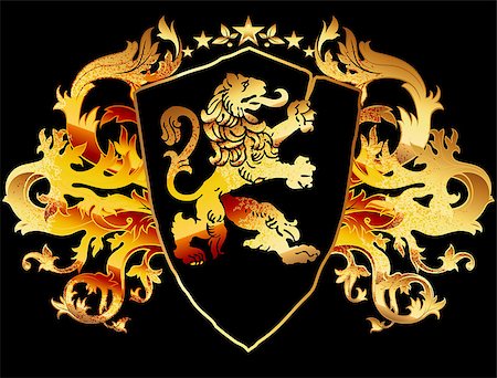 power ax - ornate medieval heraldic shield with a lion on a black background Stock Photo - Budget Royalty-Free & Subscription, Code: 400-08097766