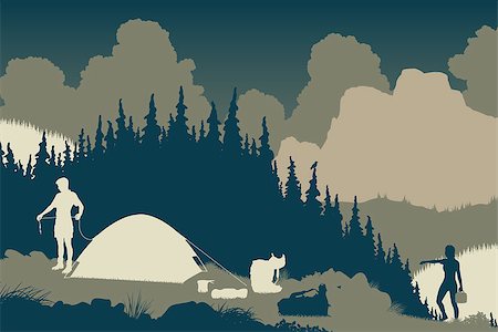 EPS8 editable vector illustration of a couple setting up camp in a wilderness area Foto de stock - Super Valor sin royalties y Suscripción, Código: 400-08097940