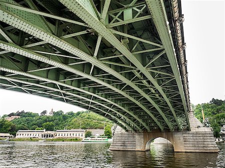 Under a green steel bridge in Prague near the river Stock Photo - Budget Royalty-Free & Subscription, Code: 400-08098321
