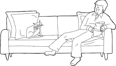 simsearch:400-07979051,k - Outline cartoon of sleeping man and cat on loveseat Stock Photo - Budget Royalty-Free & Subscription, Code: 400-08098497