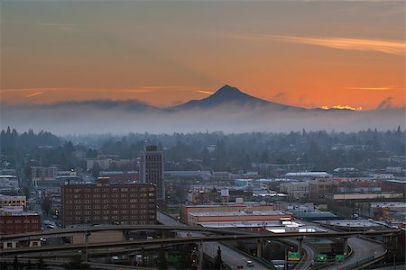 simsearch:400-07509093,k - Portland Oregon downtown cityscape eastside industrial area with Mount Hood during sunrise Stock Photo - Budget Royalty-Free & Subscription, Code: 400-08093795