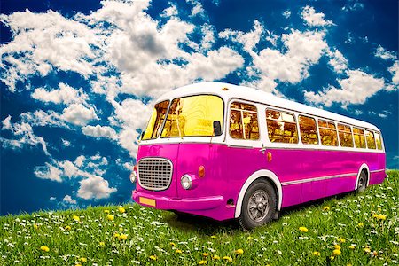 painted happy flowers - Retro bus parked in meadow on a background of the blue sky. Stock Photo - Budget Royalty-Free & Subscription, Code: 400-08107441