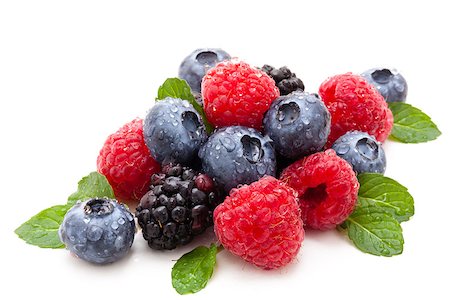 raspberry, blueberry, blackberry - Assorted fruits and mint leaves with water drops. Isolated on white background. Stock Photo - Budget Royalty-Free & Subscription, Code: 400-08107622