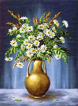 simsearch:400-04714958,k - Picture Oil Painting on a Canvas, a Bouquet of Camomiles in a Clay Vase Foto de stock - Super Valor sin royalties y Suscripción, Código: 400-08107684