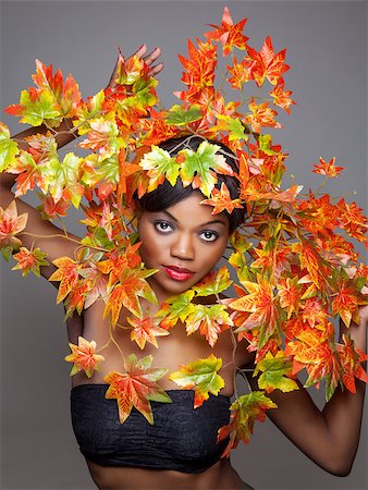 Beautiful young woman wrapped in autumn leafs Stock Photo - Budget Royalty-Free & Subscription, Code: 400-08108596