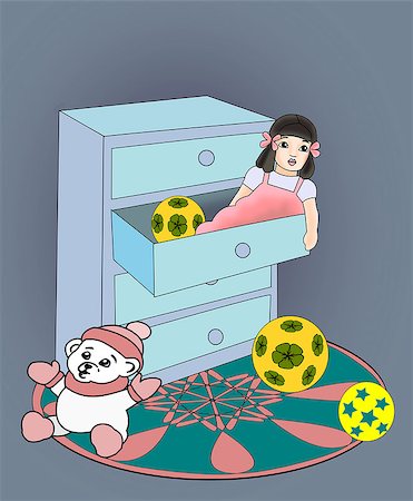A commode with a doll lying in a drawer and a teddy bear sitting next to. Stock Photo - Budget Royalty-Free & Subscription, Code: 400-08114611