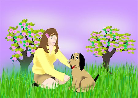 simsearch:400-07975760,k - A  girl sitting  in a meadow with a dog and some trees in blossom. Fotografie stock - Microstock e Abbonamento, Codice: 400-08114829