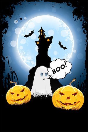 Halloween Background with Moon, Castle, Ghost and Jack-o-Lantern Stock Photo - Budget Royalty-Free & Subscription, Code: 400-08115474