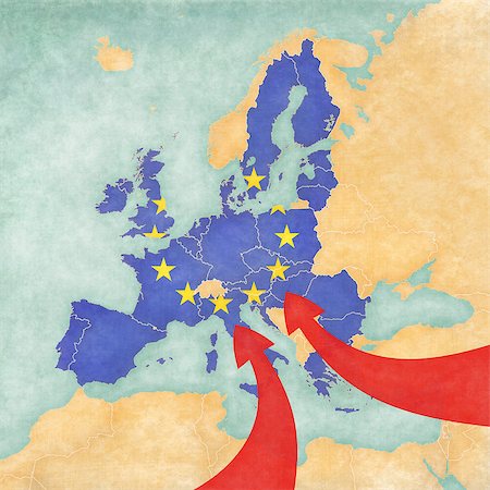 Migration to Europe. Illustrative map of immigration to the EU from Africa and Asia. Map with flag of European Union. Foto de stock - Super Valor sin royalties y Suscripción, Código: 400-08115498