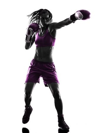 silhouette female martial arts - one woman boxer boxing kickboxing in silhouette isolated on white background Stock Photo - Budget Royalty-Free & Subscription, Code: 400-08115853