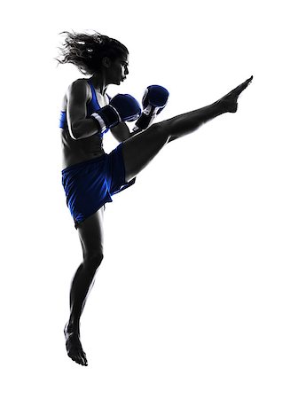 silhouette female martial arts - one woman boxer boxing kickboxing in silhouette isolated on white background Stock Photo - Budget Royalty-Free & Subscription, Code: 400-08115892