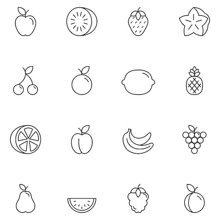 simsearch:400-08165814,k - Set of 16 thin line fruits and berries icons Stockbilder - Microstock & Abonnement, Bildnummer: 400-08116602