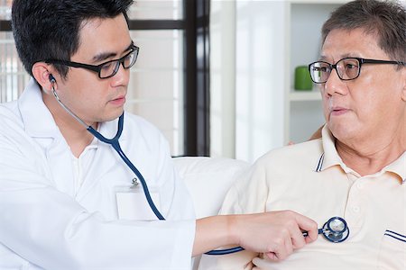 elderly chinese patient - Doctor and patient. Sick Asian elder man consult family doctor, sitting on sofa. Senior retiree indoors living lifestyle. Stock Photo - Budget Royalty-Free & Subscription, Code: 400-08116797