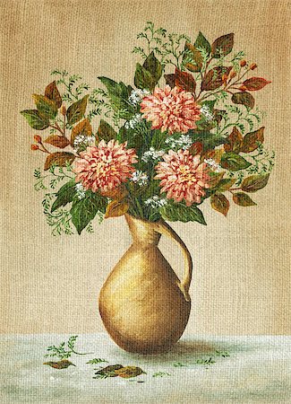 simsearch:400-04714958,k - Picture Oil Painting on a Canvas, a Bouquet of Dahlias in a Clay Vase Foto de stock - Super Valor sin royalties y Suscripción, Código: 400-08110021