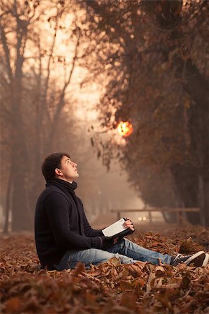 Young man reading a book in the autumn leaves, looking up Stock Photo - Budget Royalty-Free & Subscription, Code: 400-08110177