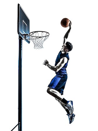 one  man basketball player jumping dunking in silhouette isolated white background Stock Photo - Budget Royalty-Free & Subscription, Code: 400-08110392